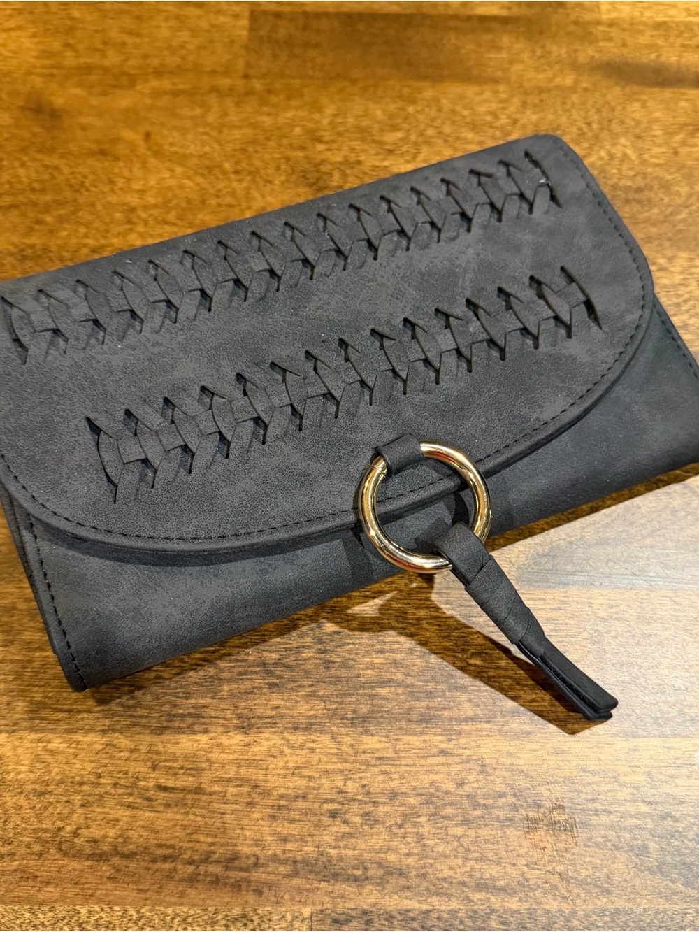 Francesca’s Dark Gray Woven Faux Suede Flap Clutch with Gold Ring Accent
